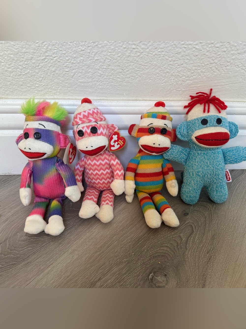 3 Ty Beanie Babies Multicolor Socks Monkey Plush and one Schylling Monkey